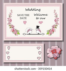 Stylish cards with decorative elements and flowers. Can be used for wedding invitations, birthday cards. Vintage design