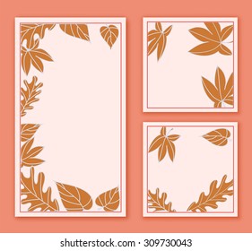 Stylish cards with decorative vintage elements, leaves, flower. Can be used for wedding invitations, birthday cards, greetings.