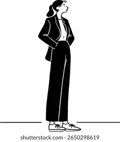Stylish career woman with hands in pockets, simple black and white fashion sketch.