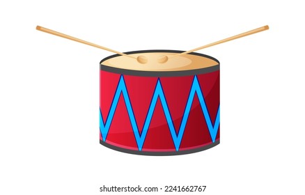 Stylish carnival drum with blue red lines. Musical instrument with wooden drumsticks for percussion sound festival, parade. Cartoon flat design image isolated on white background. Vector illustration