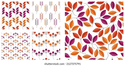 Stylish cartoon autumn leaves seamless vector pattern set, endless wallpaper or textile swatch with tree floral, red fall life theme image collection.