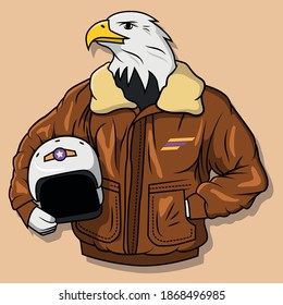 Stylish cartoon bald eagle pilot wearing a brown jacket with a helmet.