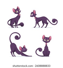 Stylish cartoon black cat in different poses. Sitting, walking, stretching, and curiously looking. Adorable and elegant, perfect for pet-themed designs, childrens books and digital artwork
