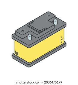Stylish cartoon car battery for car. Colored isometric illustration. Isolated vector on white background.