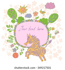 Stylish cartoon card made of cute flowers, doodled zebra, trees, butterfly and bird in bright colors in vector. Awesome cartoon card for childish holiday designs