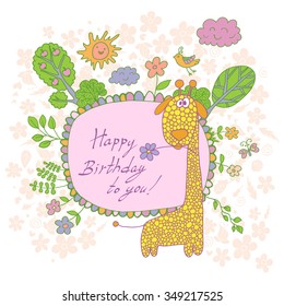 Stylish cartoon card made of cute flowers, doodled giraffe, trees, butterfly and bird in bright colors in vector. Awesome cartoon card for childish holiday designs