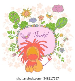 Stylish cartoon card made of cute flowers, doodled  lion, trees, butterfly and bird in bright colors in vector. Awesome cartoon card for childish holiday designs
