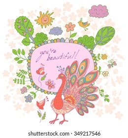 Stylish cartoon card made of cute flowers, doodled peacock, trees, butterfly and bird in bright colors in vector. Awesome cartoon card for childish holiday designs