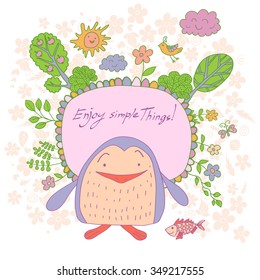 Stylish cartoon card made of cute flowers, doodled penguin, trees, butterfly and bird in bright colors in vector. Awesome cartoon card for childish holiday designs