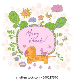 Stylish cartoon card made of cute flowers, doodled dog, trees, butterfly and bird in bright colors in vector. Awesome cartoon card for childish holiday designs