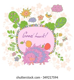 Stylish cartoon card made of cute flowers, doodled hedgehog, trees, butterfly and bird in bright colors in vector. Awesome cartoon card for childish holiday designs
