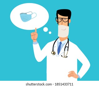 Stylish cartoon character doctor calls for wearing masks
