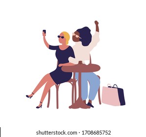 Stylish cartoon diverse woman posing taking selfie at cafe vector flat illustration. Joyful female friend sit at table in cafeteria isolated on white. Happy girl making photo during coffee break