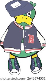 Stylish cartoon duck character wearing a varsity jacket, baseball cap, and sneakers. Urban streetwear outfit with bold letter "B" on the jacket. Trendy and fun hip-hop style animal illustration on a w