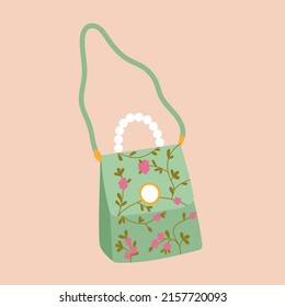 Stylish cartoon female green bag with flowers and pearls
