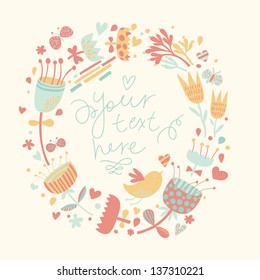 Stylish cartoon floral card with cute birds. Ideal for wedding invitations and designs. Bright spring Save the Date card in vector