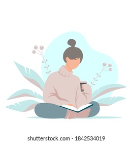 Stylish cartoon girl in a cozy sweater with a cup of coffee in the hand sitting and reading a book on a plant background.