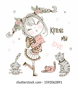 Stylish cartoon girl with a kitten. Vector.