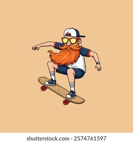 A stylish cartoon illustration of a bearded man skateboarding while wearing sunglasses and a cap.