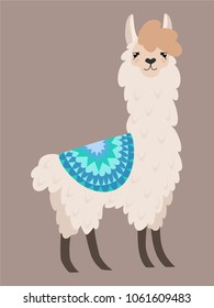 Stylish cartoon lama with ornament design. Vector illustration.