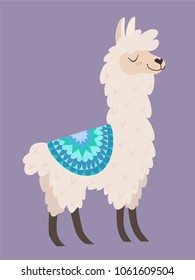 Stylish cartoon lama with ornament design. Vector illustration.