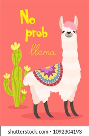 Stylish cartoon lama with ornament design and cactus. Vector card.