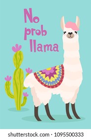 Stylish cartoon lama with ornament design and cactus. Vector card.