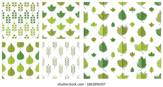 Stylish cartoon leaves seamless vector pattern set, endless wallpaper or textile swatch with tree floral, green spring life theme pic collection.