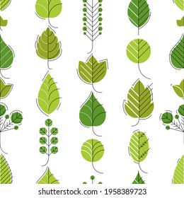 Stylish cartoon leaves seamless vector pattern, endless wallpaper or textile swatch with tree floral, green spring life theme.