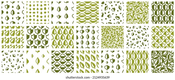 Stylish cartoon leaves seamless vector pattern set, endless wallpaper or textile swatch with tree floral, green spring life theme pic collection.