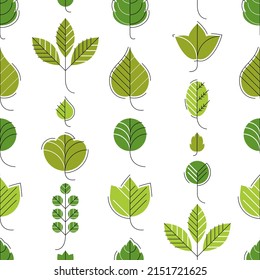 Stylish cartoon leaves seamless vector pattern, endless wallpaper or textile swatch with tree floral, green spring life theme.