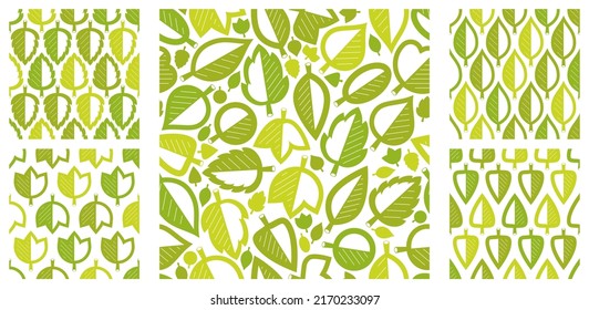 Stylish cartoon leaves seamless vector pattern set, endless wallpaper or textile swatch with tree floral, green spring life theme pic collection.