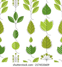 Stylish cartoon leaves seamless vector pattern, endless wallpaper or textile swatch with tree floral, green spring life theme.