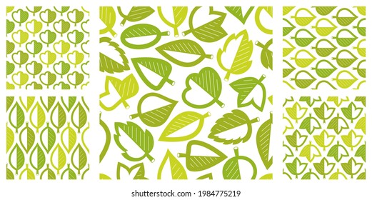 Stylish cartoon leaves vector pattern set, endless wallpaper or textile swatch with tree floral, green spring life theme pic collection.