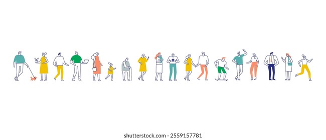 Stylish cartoon line art people bundle with diverse poses and characters isolated on white background. People silhouette  for design projects, digital art, and print materials