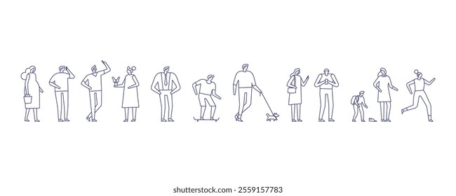 Stylish cartoon line art people bundle with diverse poses and characters isolated on white background. City people silhouette horizontal banner 