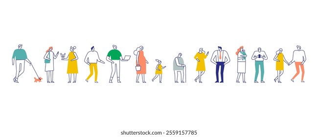 Stylish cartoon line art people bundle with diverse poses and characters isolated on white background. City people silhouette horizontal banner 