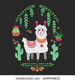 Stylish cartoon llama Alpaca. White lama with a beautiful pink blanket. Beautiful vector print with plants and ornaments on a dark background. Square book illustration for children.