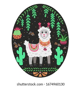 Stylish cartoon llama Alpaca. Yellow lama with a beautiful pink blanket. Beautiful print with plants and ornaments on a dark background. Oval book illustration for children isolated on a white