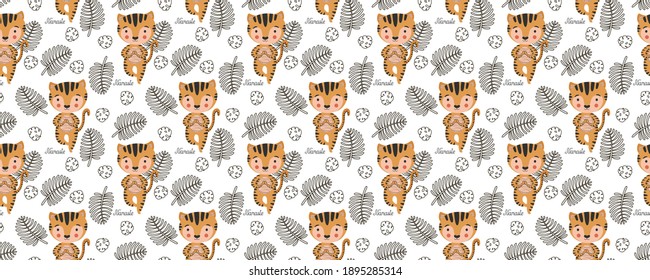 Stylish cartoon seamless pattern of tiger cubs in yoga asanas Vrikshasana, calligraphic inscription Namaste and black contour tropical monstera and palm leaves on a white background. Vector.