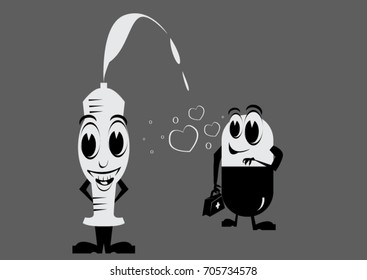 stylish cartoon tablet figure falling love with syringe in black and white colour shade. 