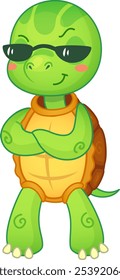 Stylish cartoon turtle with sunglasses, arms crossed, and a big smile exudes confidence and playfulness, perfect for kids designs