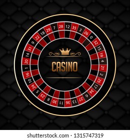 Stylish Casino text on roulette wheel on black leather fabric background. Can be used as poster or banner design.