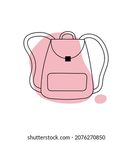 Stylish casual line art backpack and abstract pink shape. Leather rucksack with small pocket. Woman backpack doodle style. Isolated vector illustration. 