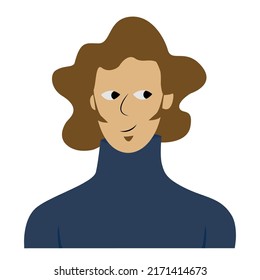 Stylish casual man with curly brown hair and sideburns wearing a blue sweater, flat character, social media avatar.