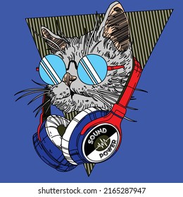 STYLISH CAT WITH LENSES AND HEADPHONES SOUND POWER