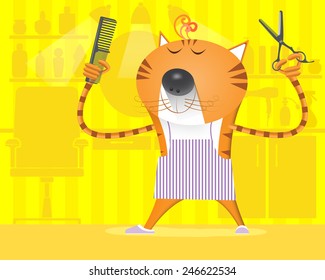 Stylish cat on a background barber hair salon with scissors and comb on yellow background