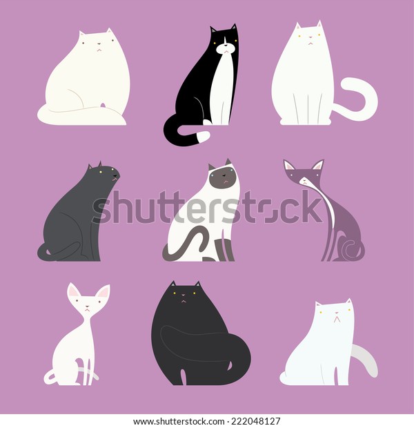 スタイリッシュな猫セットで 子猫が違う 白い太った猫 白黒の普通の太さの猫 白い猫 グレーの猫 白とグレーの猫 白い薄い猫 黒い太った猫のベクター イラスト のベクター画像素材 ロイヤリティフリー