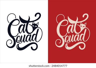 Stylish Cat Squad T-shirt with chunky letters featuring paw prints and whiskers on a modern white background Perfect for vector illustration and design