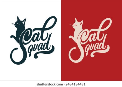 Stylish Cat Squad T-shirt with chunky letters featuring paw prints and whiskers on a modern white background Perfect for vector illustration and design